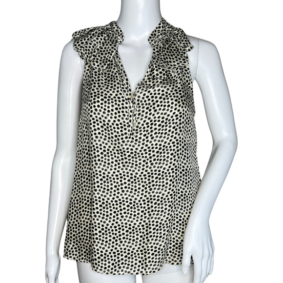 Cynthia Rowley Shirt Women Small Cream Polka Dots Silk Ruffle Sleeveless Preppy - Picture 1 of 9